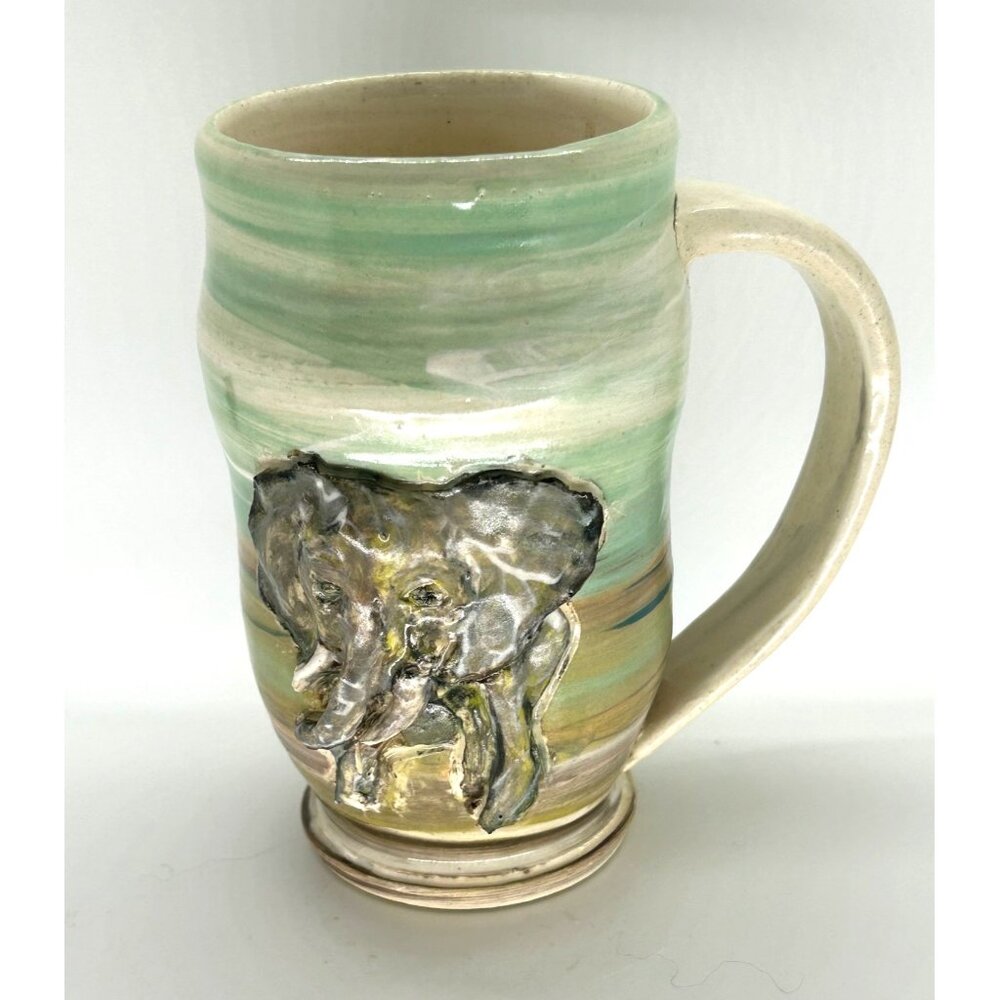 Studio Pottery Coffee Mug Elephant Design Hand-Thrown Multicolor Swirl